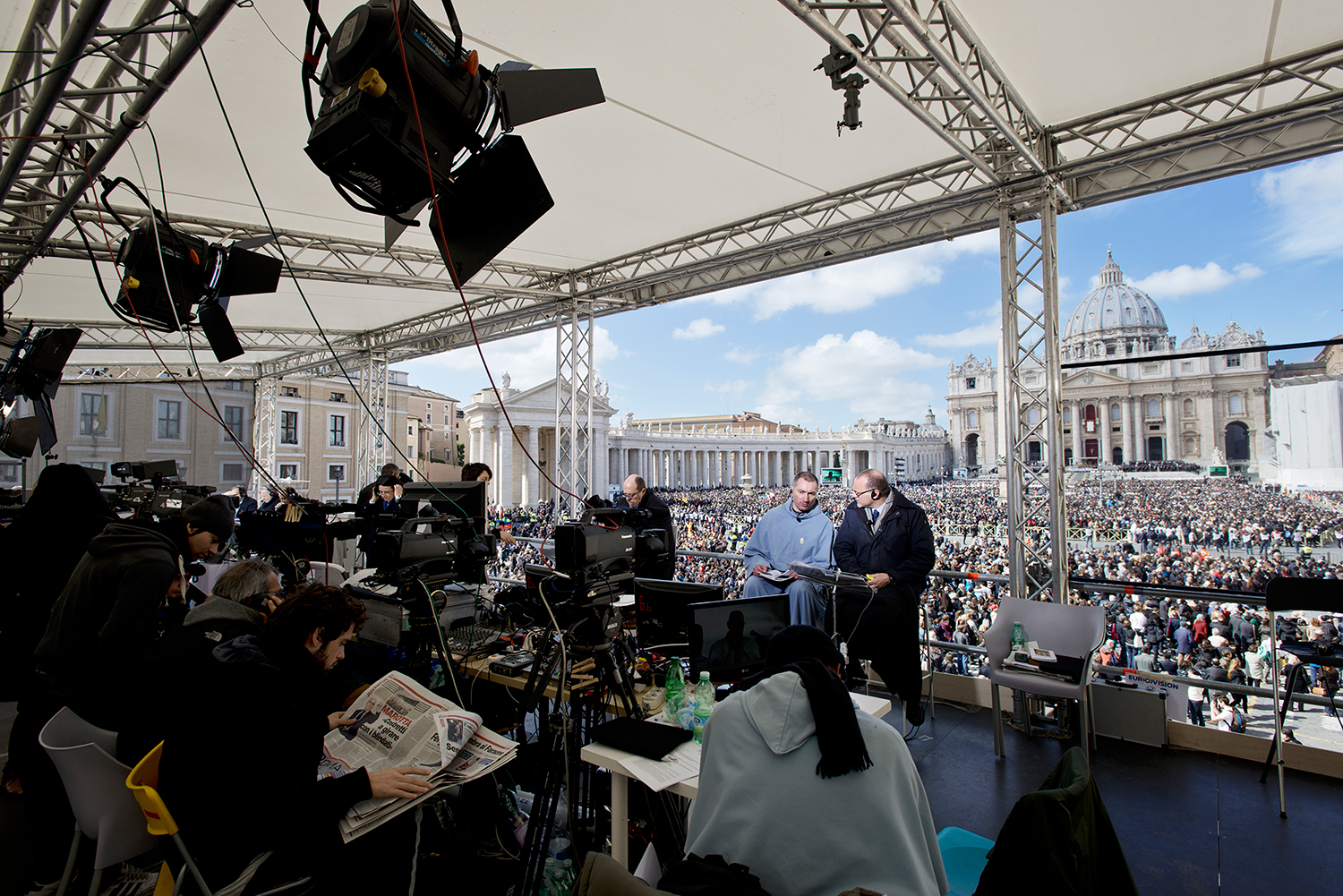 During the mass for the beginning of the Petrine ministry of Pope Francis.

Mediaset, Italian TV.